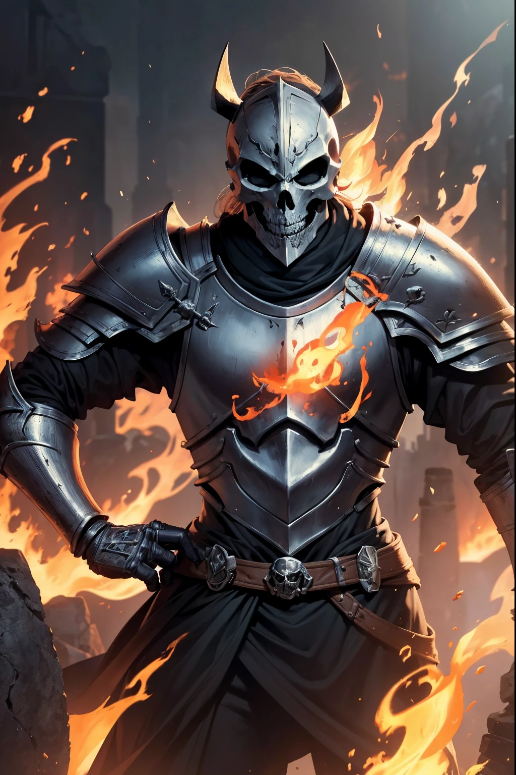 (best quality:1.2,8k,highres,masterpiece:1.2),Knight,skull mask,Bone armor,fire magic in hands