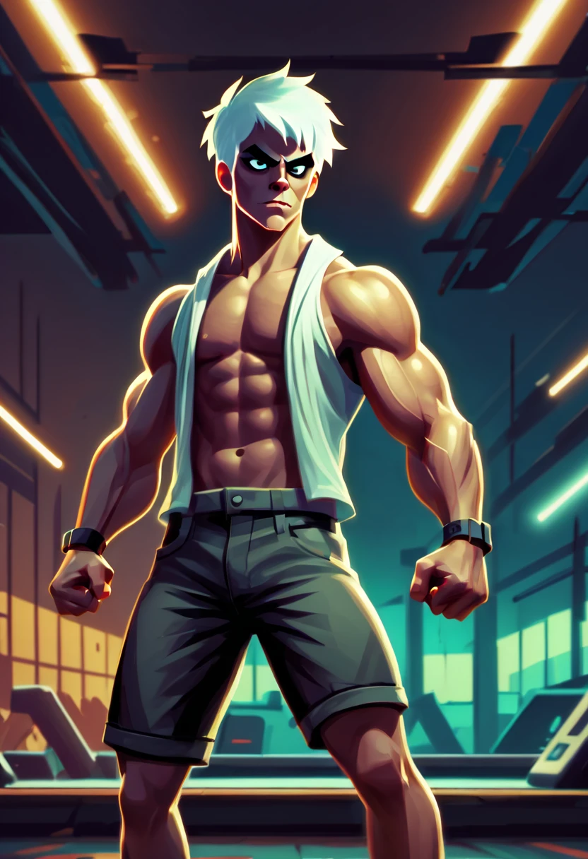 Danny Phantom, adolescente musculoso gimnasio bro,illustration,Torn muscles,energetic pose,moreno,confident expression,powerful build,Vestimenta de gimnasio,sudor reluciente,Mancuernas en mano,Fitness Themed Background,(La mejor calidad,4k,8k,Altas Resoluciones,Obra maestra:1.2),Ultra detallado,realista:1.37,Pintura renacentista,colores contrastantes,warm lighting