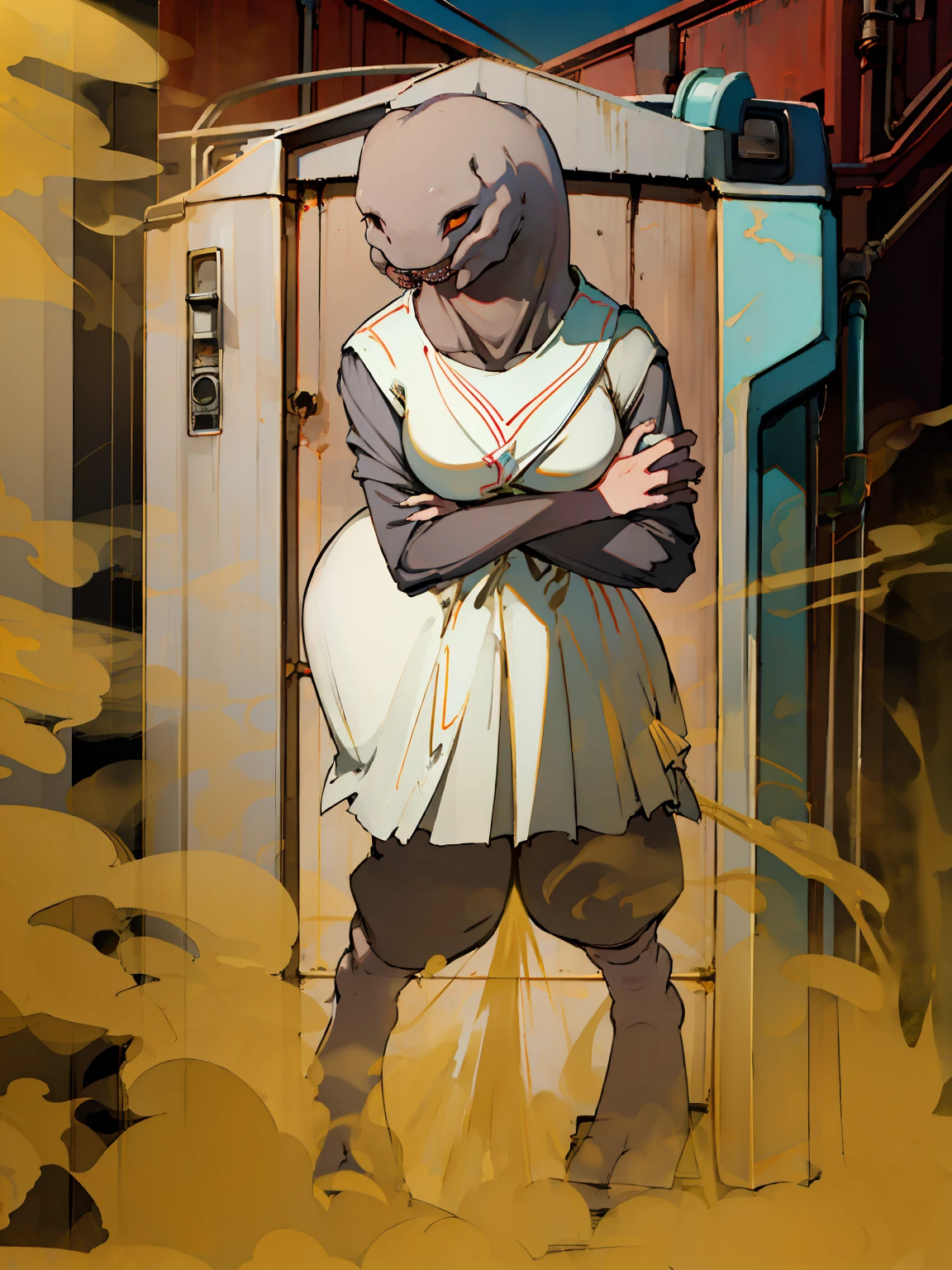 ((masterpiece, best quality)),a sangheili, solo, dress, standing, alley, outdoors, white dress, industrial pipe, looking at viewer, air conditioner,dark lighting, garbage, garbage bin, fart, farting, bewitching hips, hxh2011