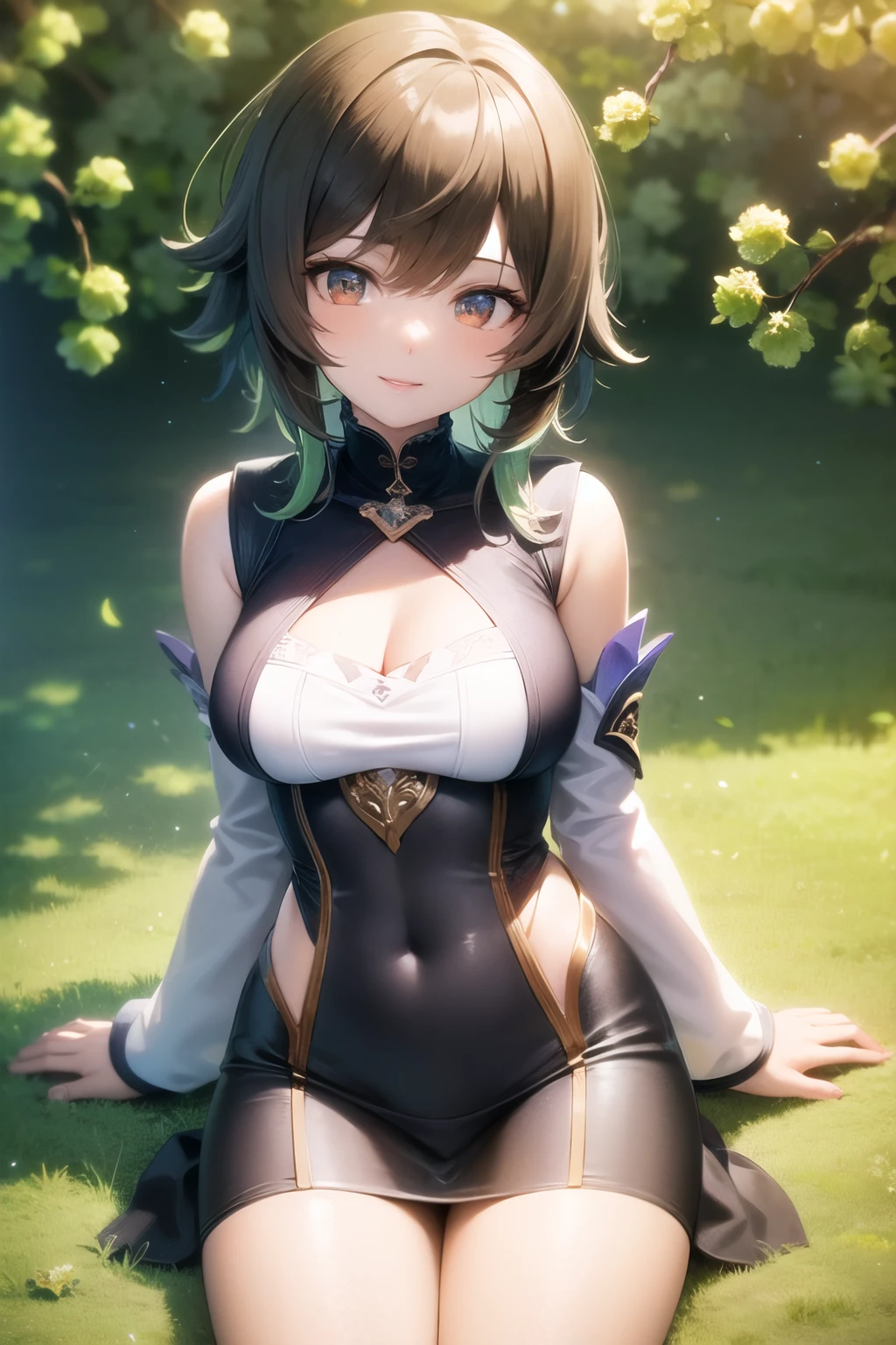 (masterpiece:1,2), best quality, highres, original, extremely detailed wallpaper, looking at viewer, (sitting:1.4), A genshin impact dendro girl stands in the center, (green flowers:1.4), genshin impact girl, happy, smile, dendro, drawing, paintbrush, (glowing_eyes:0.95), (separate sleeves), green long_hair, hair_between_eyes, sigma 135mm lens, (cowboy shot:1.2), upper body, perfect lighting, (extremely detailed CG:1.2), 8k, (commemorative photo:1.4)