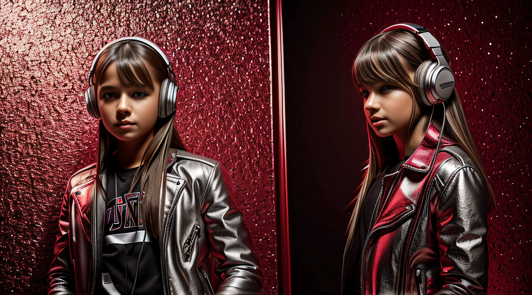 GIRL child 12 years old, RUSSIAN BLONDE long hair and headphones, portrait, SILVER LEATHER JACKET, VINYL AND CDS red background.