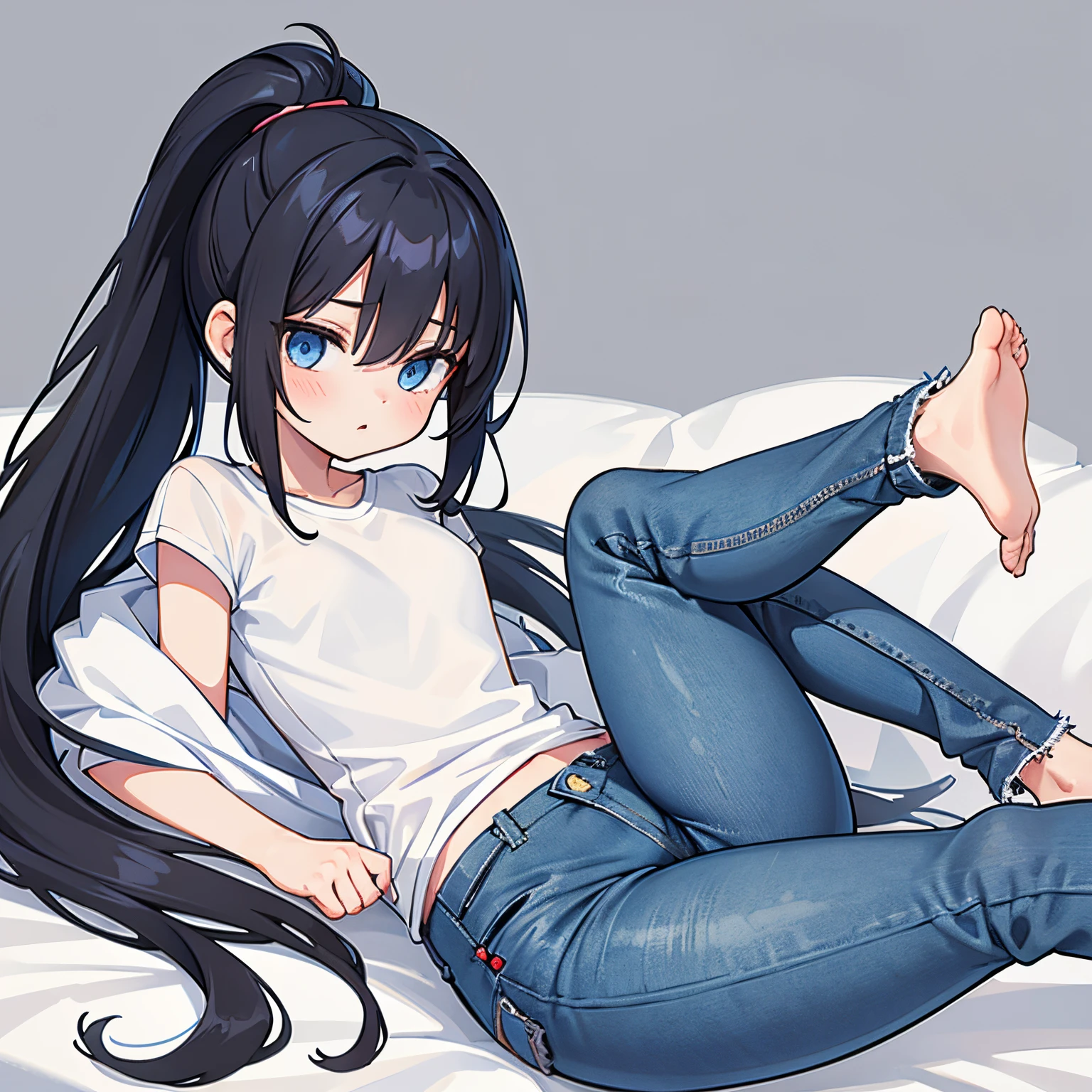 1girl, front body view, denim long jeans, Lying with legs spread out in an m-shape, white shirt, ponytail black hair, blue eyes