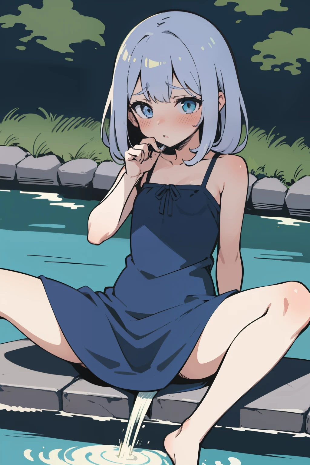 (superflat, flat shading, flat colors:1.1), 1girl, loli, petite, sumer dress, spread legs, sitting on stone, (peeing:1.3), blush, embarassed, by the river, volumetric lighting, soft light, bright, vibrant colors
