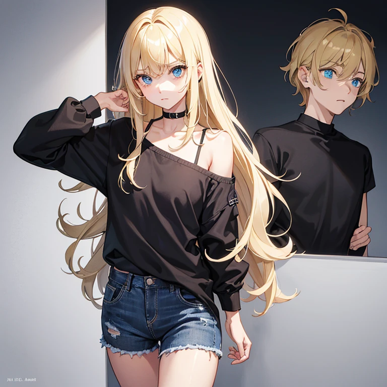 A boy halfway in transforming into a blonde girl, scared look, black shirt, blue jeans, girl variants of clothing, serounded by boys