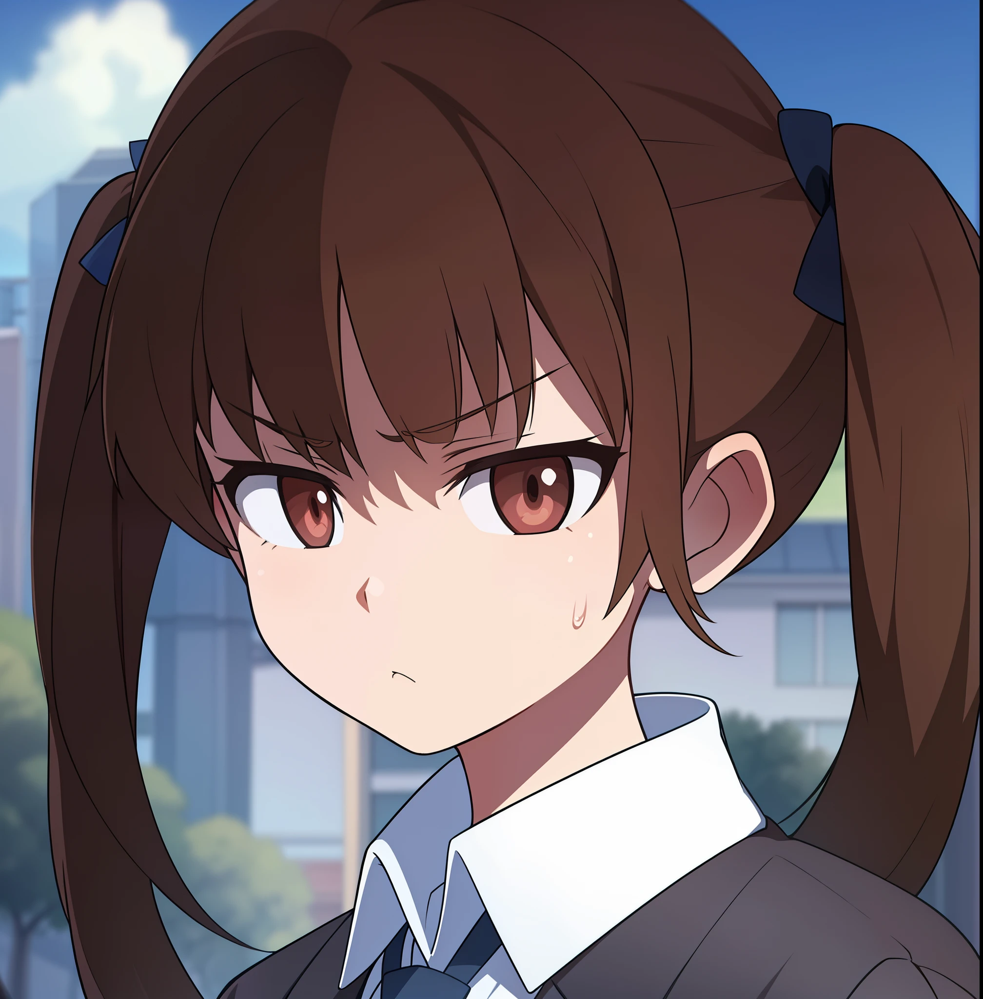 hiquality, tmasterpiece (one girls) tsundere. brown hair with ponytails. brown eye. frowning face. Clothing, school uniforms. against the backdrop of the city with buildings and trees sky