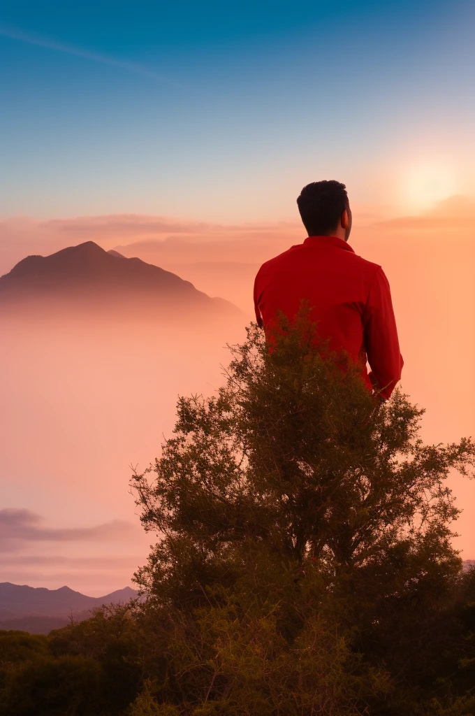 Create panoramic image of a man with a beard looking at the sky and a glow in the sky like a lion