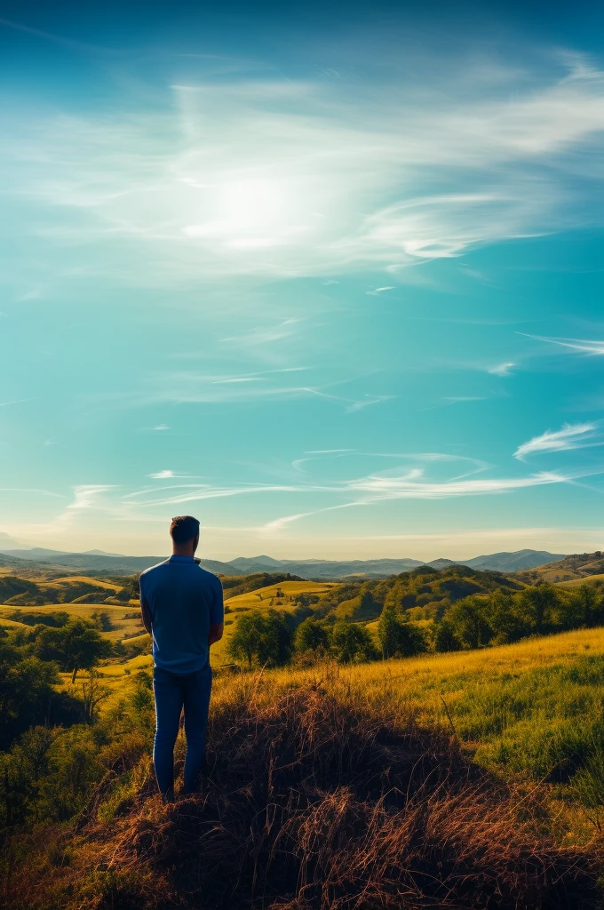 Create panoramic image of a man with a beard looking at the sky and a glow in the sky like a lion