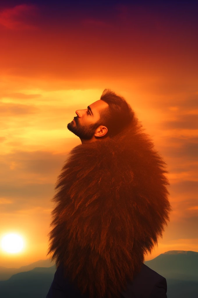 Create panoramic image of a man with a beard looking at the sky and a glow in the sky like a lion