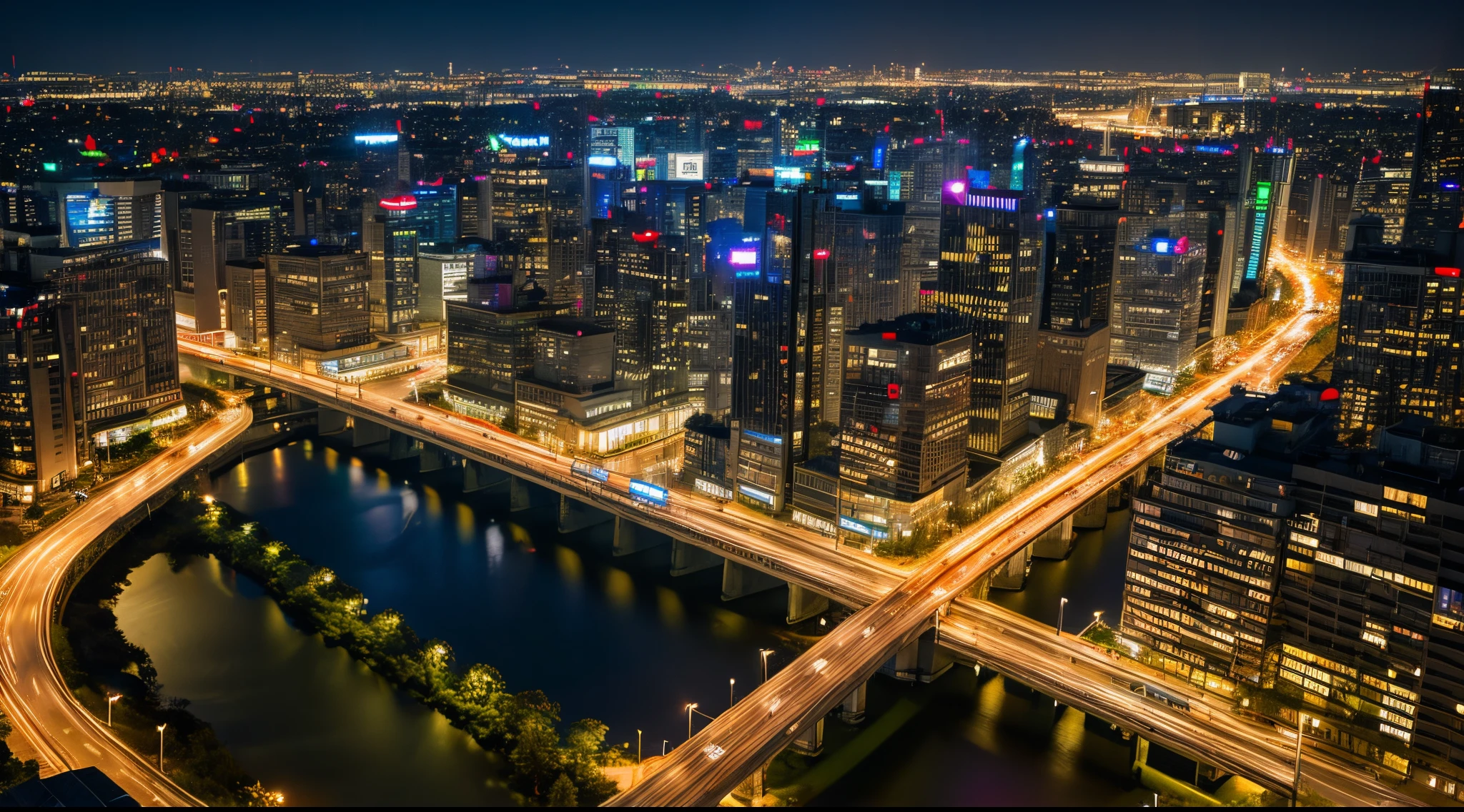 winding Urban road:1.3, camera in manual mode, ND16 filter, F/8, ISO100, (150 seconds long exposure), Photographed from above, complex, (Masterpiece), (Best Quality), (Ultra high Details), (Photorealistic:1.3), modern city, high rise buildings in the background, late night, quiet