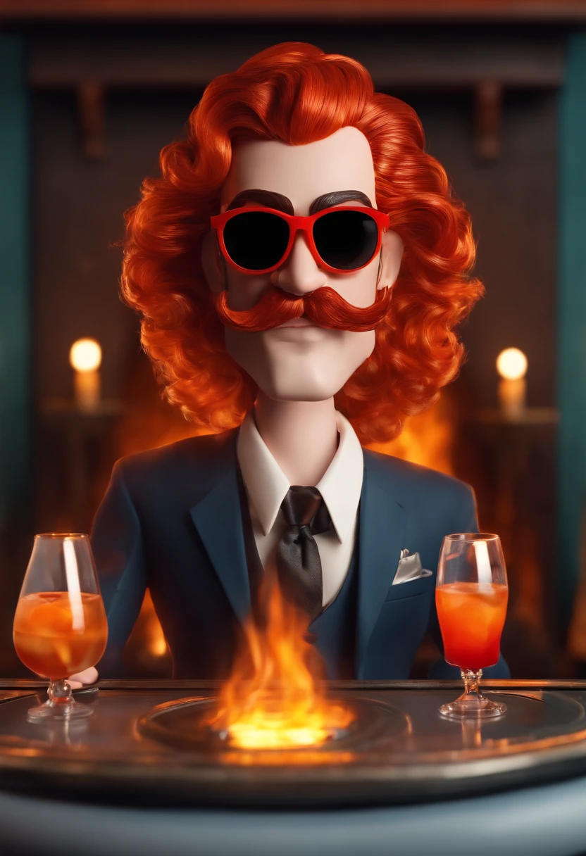 A close-up of FireplaceFrank wearing fire-themed sunglasses and holding a flaming cocktail, standing in front of a stylish fireplace at a trendy lounge.,original,FireplaceFrank has red hair and a handlebar moustache, male