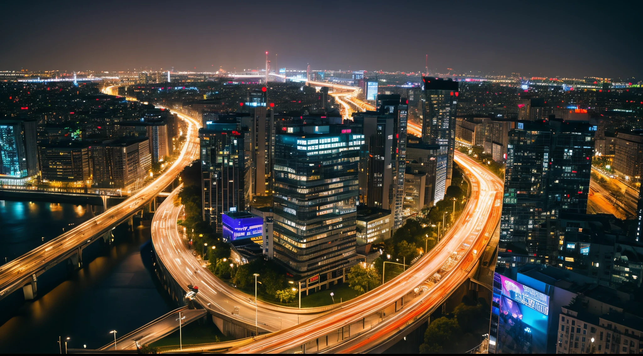 winding Urban road:1.3, camera in manual mode, ND16 filter, F/8, ISO100, (150 seconds long exposure), Photographed from above, complex, (Masterpiece), (Best Quality), (Ultra high Details), (Photorealistic:1.3), modern city, high rise buildings in the background, late night, quiet