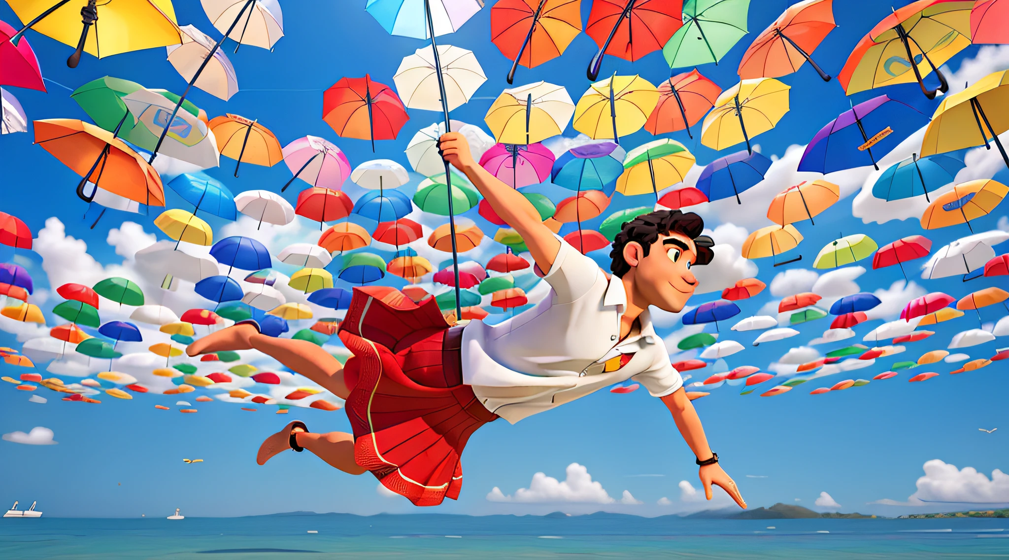 Um homem, com saia de bailarina voando. In the background we have the sky and several colorful umbrellas flying.. Mais abaixo temos o mar.