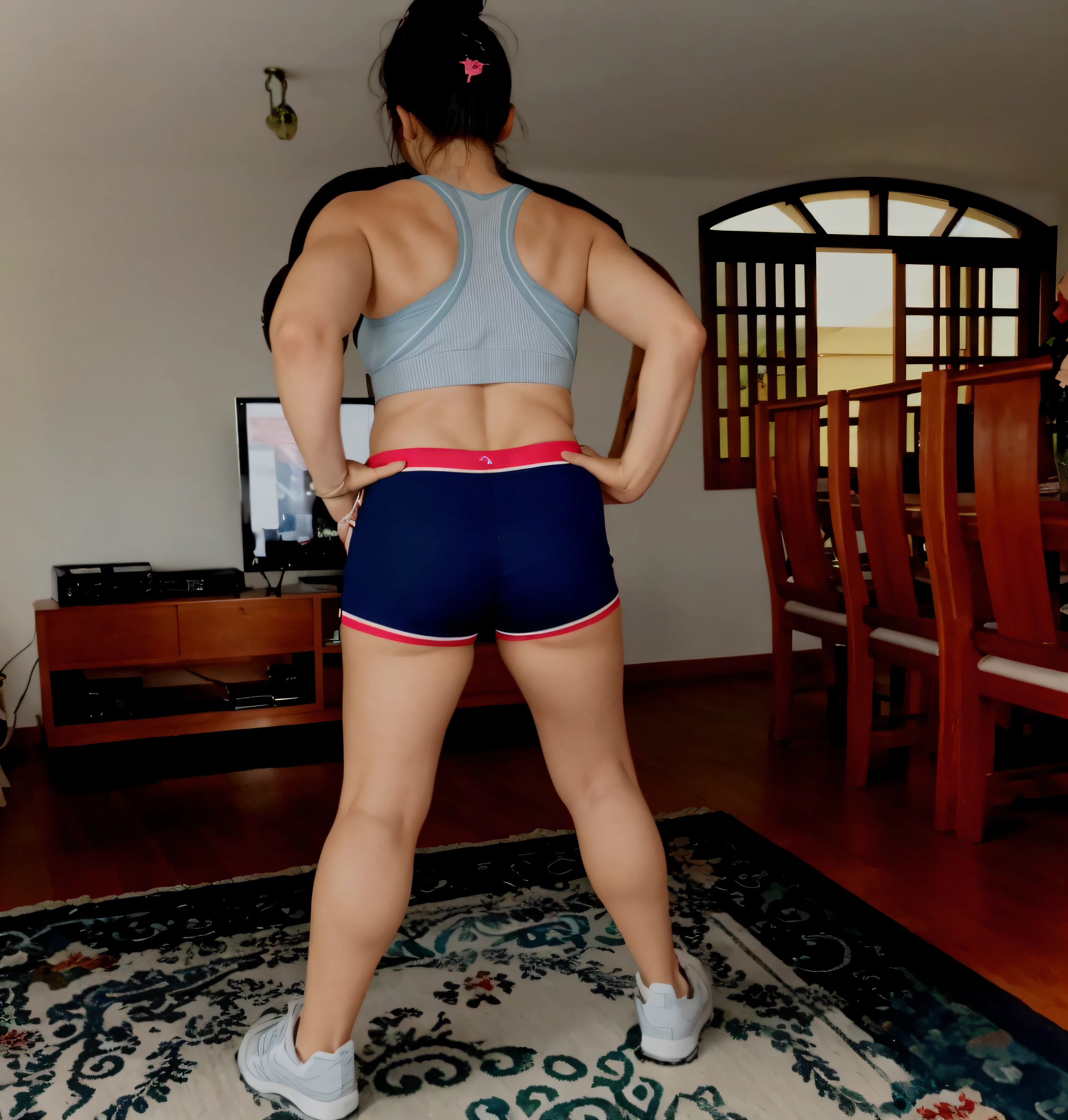 RAW, Best quality, high resolution, Masterpiece: 1.3, Beautiful brunette. Best quality, high resolution. Realistic, detailed, full-length woman in a blue top and black short shorts, very short woman in a blue top and black shorts is using an exercise bike, in shorts, legs and arms, long shot from back, sports bra and dark blue shorts, sports bra and shorts, shot from behind, working out, toned legs, thighs!!!!!!, A high resolution,(photographrealistic),Cute Girl,Sexy Pose, 8K, NFSW, A cute Brazilian woman, Smile, Underwear, opens legs,Tennis Uniforms, a miniskirt, Cowgirl, I'm sweating, Male genitals entering the crotch、fitness body, sports bra and dark blue shorts, toned legs. She is around 35 years old, a woman in good physical condition. Masterpiece, best quality, (best quality), realistic lighting, 8k.