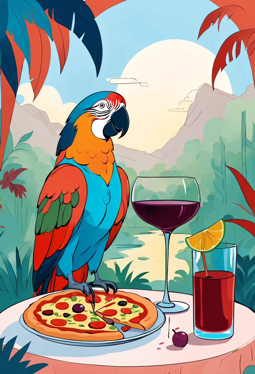 there is an orange parrot sitting on a table with a margarita pizza and a glass of red wine, party in jungles, munching pizza, dinner is served, parrot, cartoonish drawing, Kandinsky style, in the Picasso style