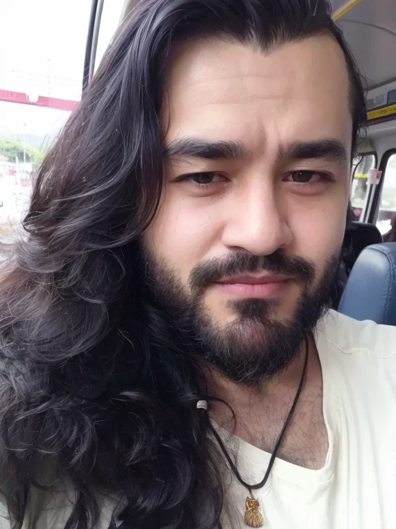 chiseled man with long hair and beard on a bus, com seus longos cabelos pretos, com cabelos longos, sem barba, com longos cabelos cacheados, Similares a Hagrid, com longos cabelos escuros, sem barba, cabelos cheios, barba cheia, com uma barba pequena, jovem com cabelo longo, 2 8 anos, mid long hair