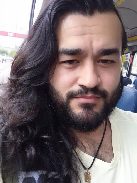 chiseled man with long hair and beard on a bus, com seus longos cabelos pretos, com cabelos longos, sem barba, com longos cabelos cacheados, Similares a Hagrid, com longos cabelos escuros, sem barba, cabelos cheios, barba cheia, com uma barba pequena, jovem com cabelo longo, 2 8 anos, mid long hair