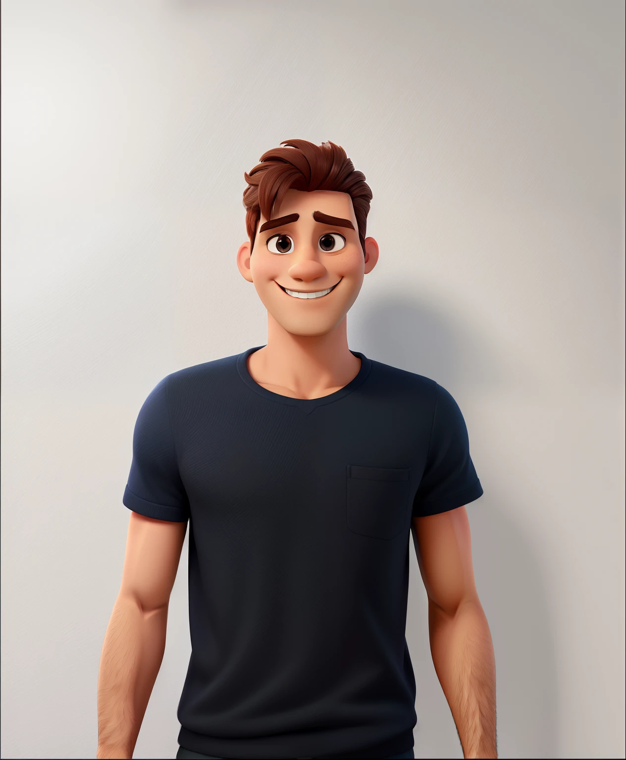 Crie um personagem no estilo da Disney, homem, branco, cabelos castanhos claros cacheados, olhos claros, boca sorrindo, standing with arms open