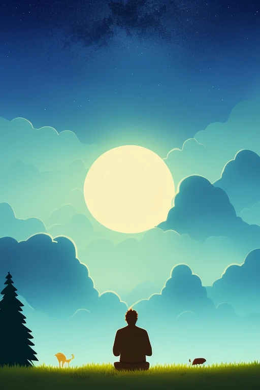 Create a bearded man in a forest looking at the sky and a radiance in the sky in high resolutions