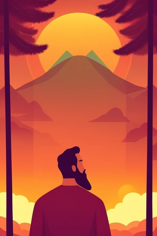 Create a bearded man in a forest looking at the sky and a radiance in the sky in high resolutions