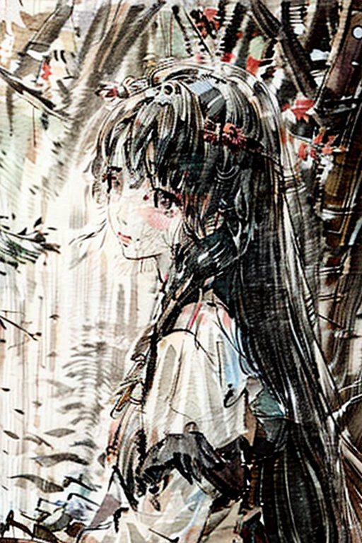 long black hair girl, graceful, classical, ​masterpiece, Forest lakeside, Beautiful, sad
