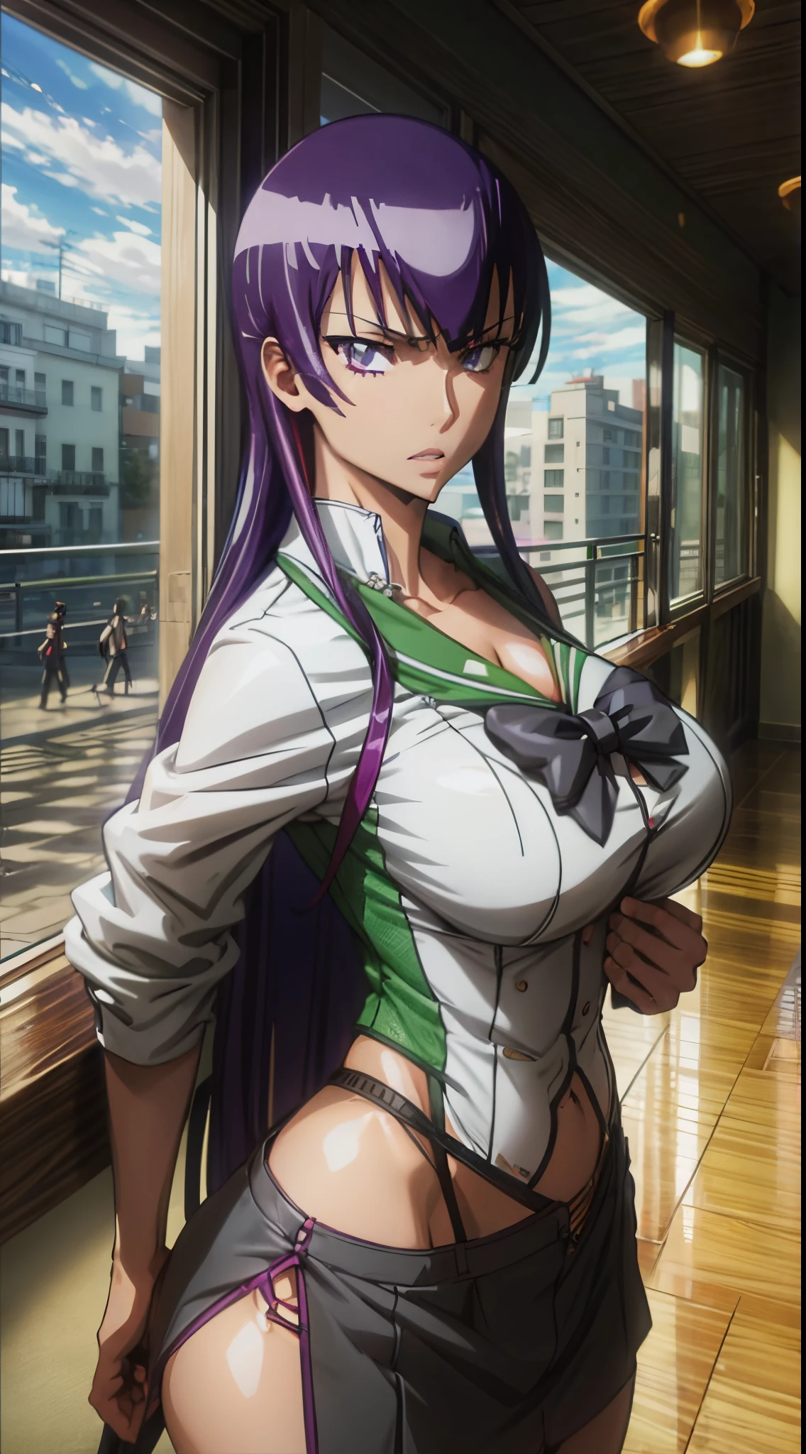 (Obra maestra, La mejor calidad), 1girl, 22 years old,   Saeko Busujima, Cabello largo, purple hair, (purple eyes:1.1), pelo entre los ojos,, falda, mangas largas, arco, Uniforme escolar, Serafuku, falda verde,,