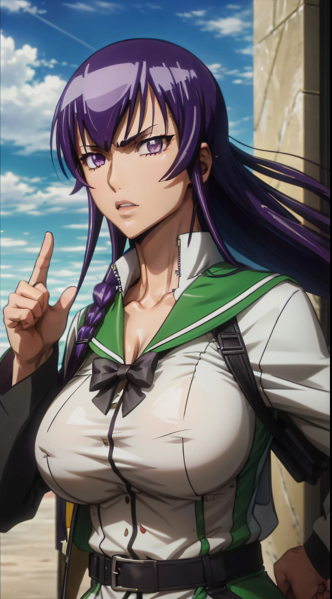 (Obra maestra, La mejor calidad), 1girl, 22 years old, Saeko Busujima, Cabello largo, purple hair, (purple eyes:1.1), pelo entre los ojos,, falda, mangas largas, arco, Uniforme escolar, Serafuku, falda verde,,