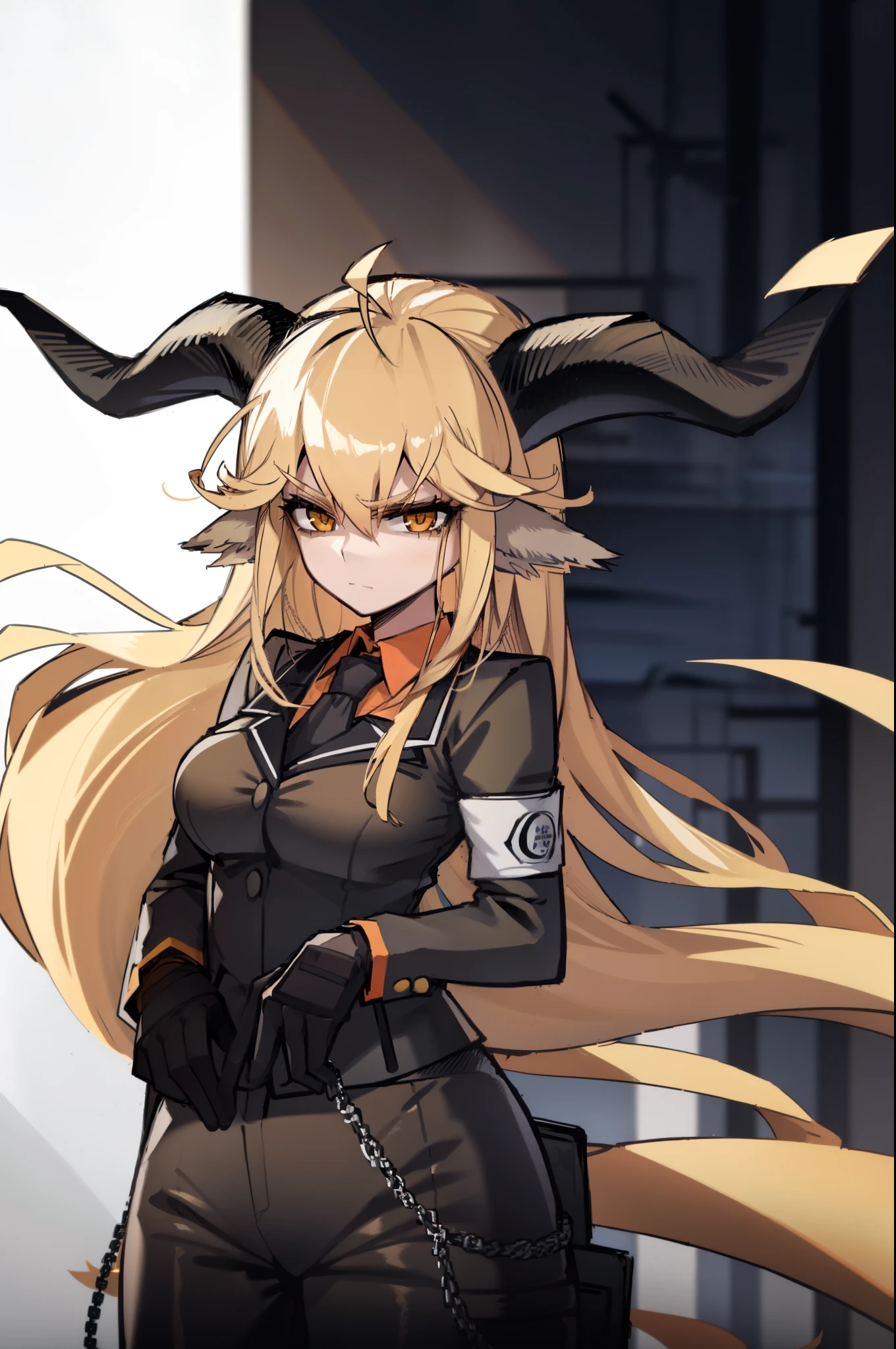 degenbrecher(arknights), necktie, goat girl, black necktie, looking at viewer, large breasts, horns, weapon, hair between eyes, goat horns, suspenders, animal ears, pants, solo, 1girl, long sleeves, white background, long hair, closed mouth, blonde hair, very long hair, black pants, black gloves, yellow eyes, collared shirt, orange shirt, goat ears, simple background, cowboy shot, shirt