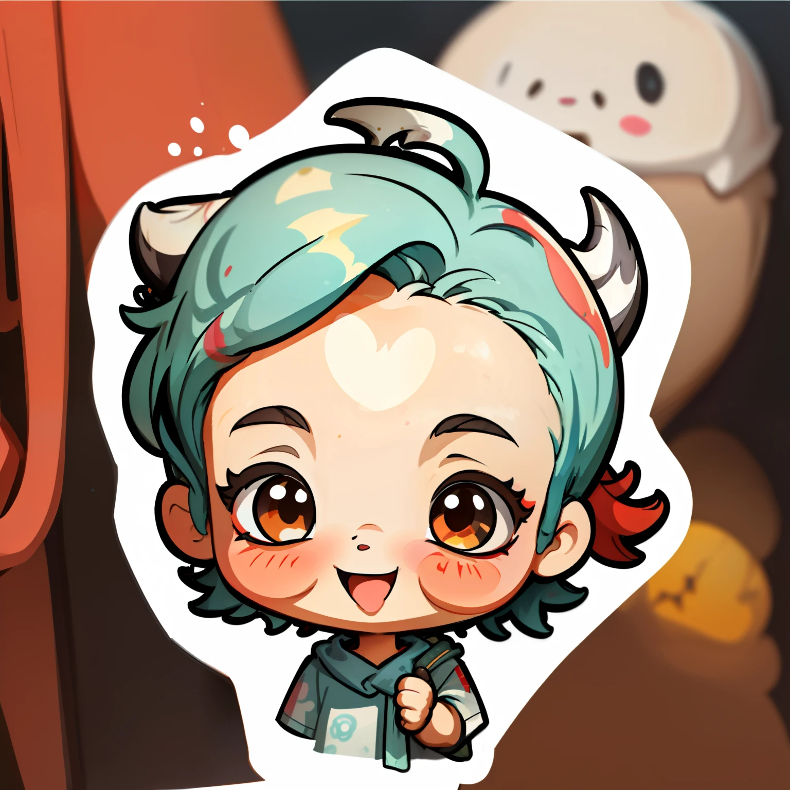 chibi, upper body, big head, laugh, and character traits, white background