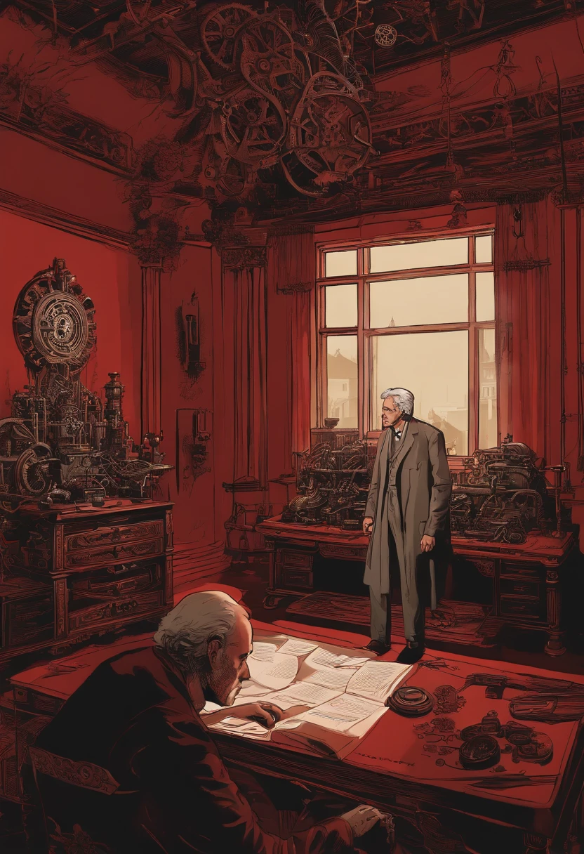 The image is of a dimly lit room, with a small table covered in intricate mechanical parts and gears, surrounded by eerie red lighting casting ominous shadows.,Saw series,Kramer is an older man with a gaunt, pallid complexion, accentuated by his battle with cancer. His thinning, grey hair and deeply lined face reflect his age and the toll of his illness. He often dresses plainly, in simple, unassuming clothes that contrast sharply with the elaborate nature of his traps. Even as his health declines, there’s a resilience in his eyes, a testament to his unwavering commitment to his twisted mission., male