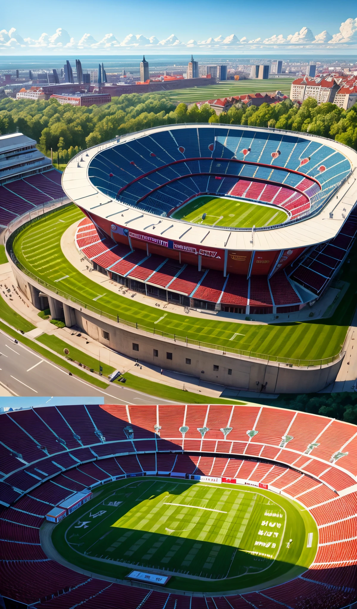 football stadium for ac sparta prague from top wiew with prague behind and with sparta prague colors realistic