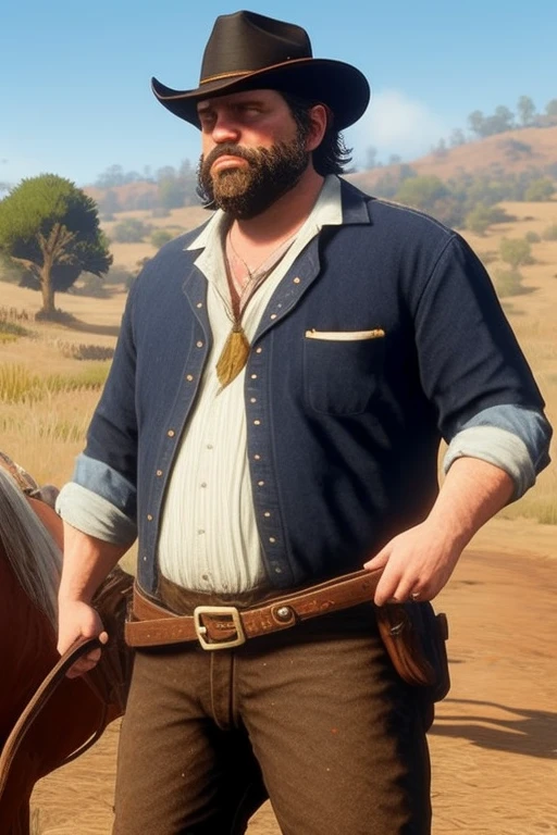 criar o arthur morgan do red dead 2, sozinho, em um paisagem do velho oeste com o clima tempo nublado com raios com nuvens de chuva, holding a  in your arms, enrolado em um tecido branco, com chapeu preto estilo cowboy