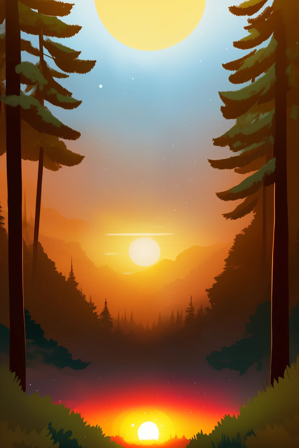Create a bearded man in a forest looking at the sky and a radiance in the sky in high resolutions