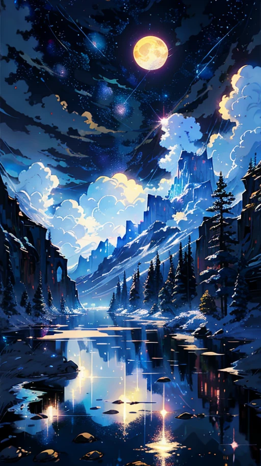 A painting of the river and the stars and the moon in the sky, with bright colors, by Makoto Shinkai. Concept art inspired by Tosa Mitsuoki, pixiv contest winner, best quality, fantasy art, beautiful anime scenes, golden moon. A bright moon, starry sky environment under the moonlight, dream painting, anime background art, fantasy landscape art, dreamy night, anime background, background artwork, dreamy art, atmospheric anime, starry sky, details enhanced.