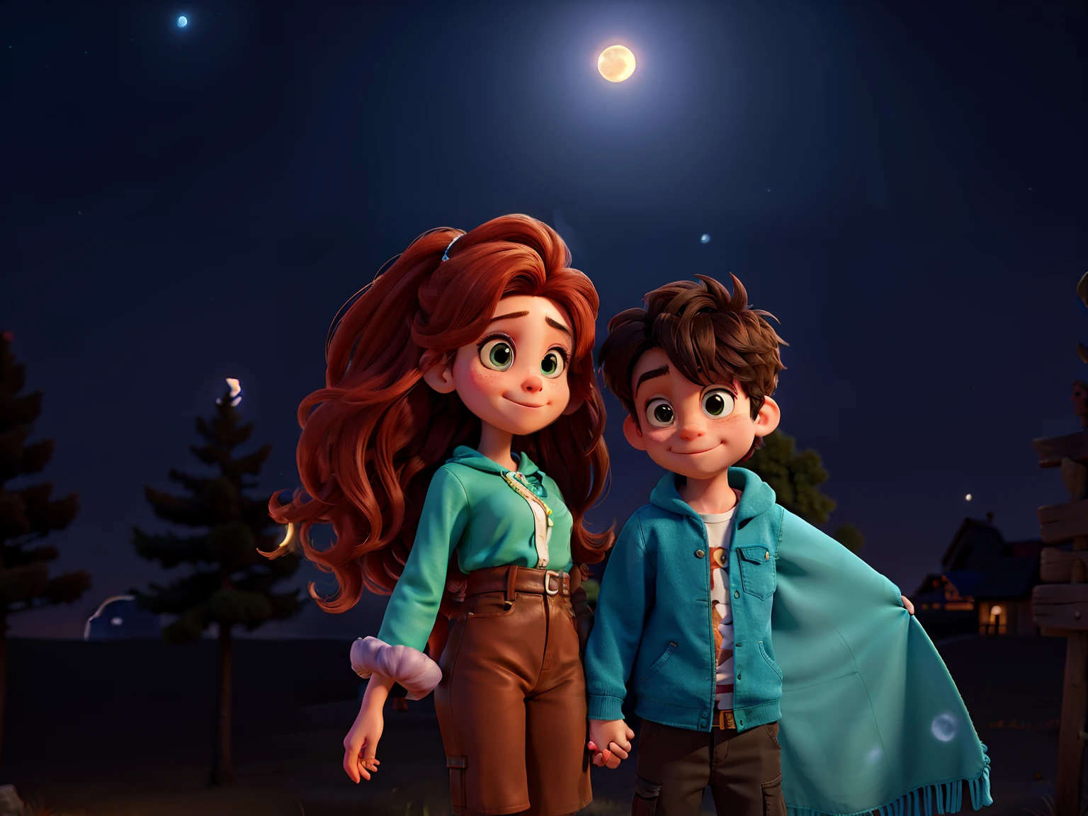 they are two people standing together and one is holding a cell phone, with full moon in the sky, in front of a full moon, night!, at night with moon light, in front of the moon, at night with full moon, in front of a pale full moon, in front of a big moon, (moon in the background), holding hands in the moonlight