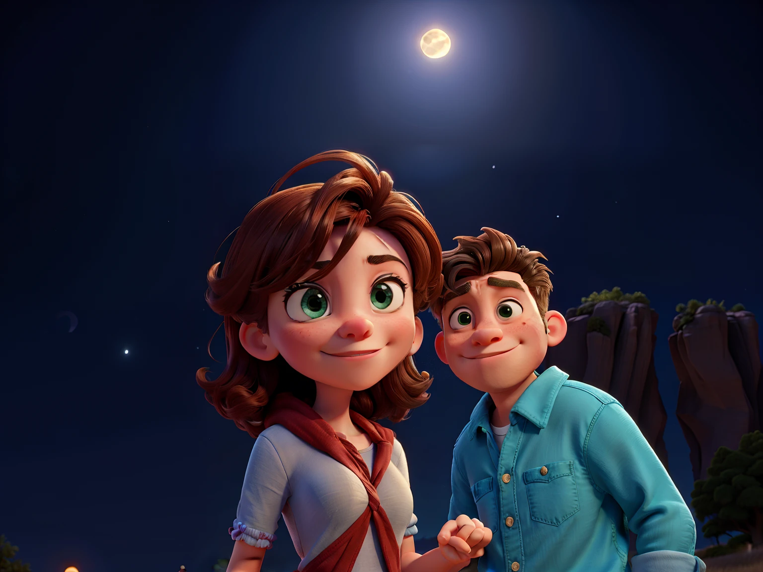 they are two people standing together and one is holding a cell phone, with full moon in the sky, in front of a full moon, night!, at night with moon light, in front of the moon, at night with full moon, in front of a pale full moon, in front of a big moon, (moon in the background), holding hands in the moonlight