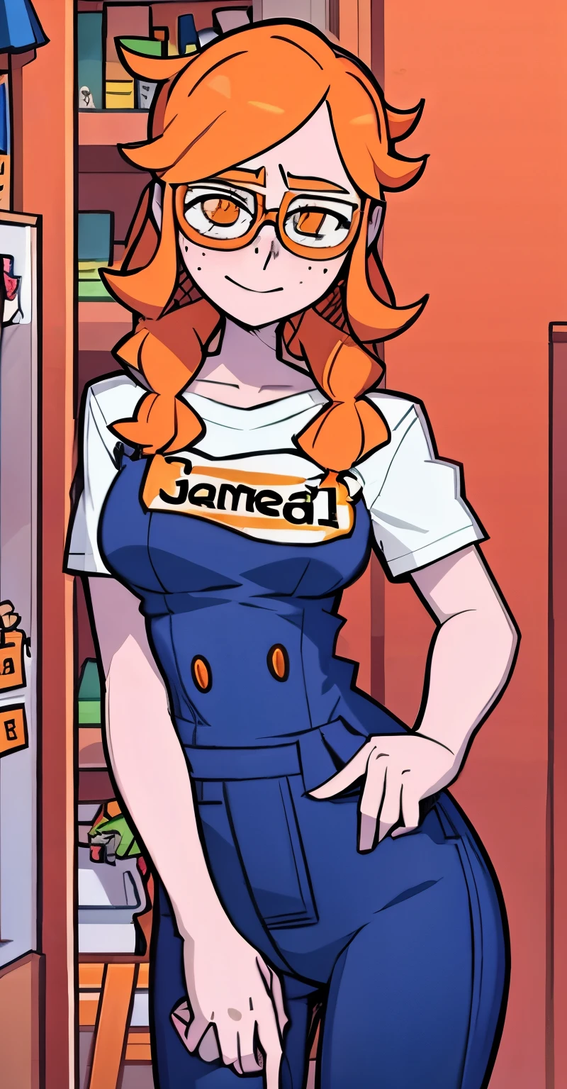 A thin pale orange haired nerdy girl with freckles and glasses wearing a day care outfit