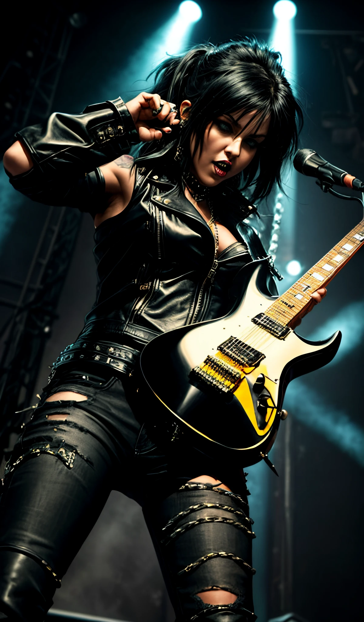 Heavy metal, biker bettie page with chains and spikes, ferocious expression, powerful female rock star, black leather, dressed in black leather jacket and torn jeans, dark eyeliner and black lipstick, heavy music, fierce woman, standing tall, epic guitar solo, guitar on fire, woman solo electric guitar, female guitarist of metal, woman playing the guitar, electric guitar made of metal, flames on stage, female rocker playing a concert,