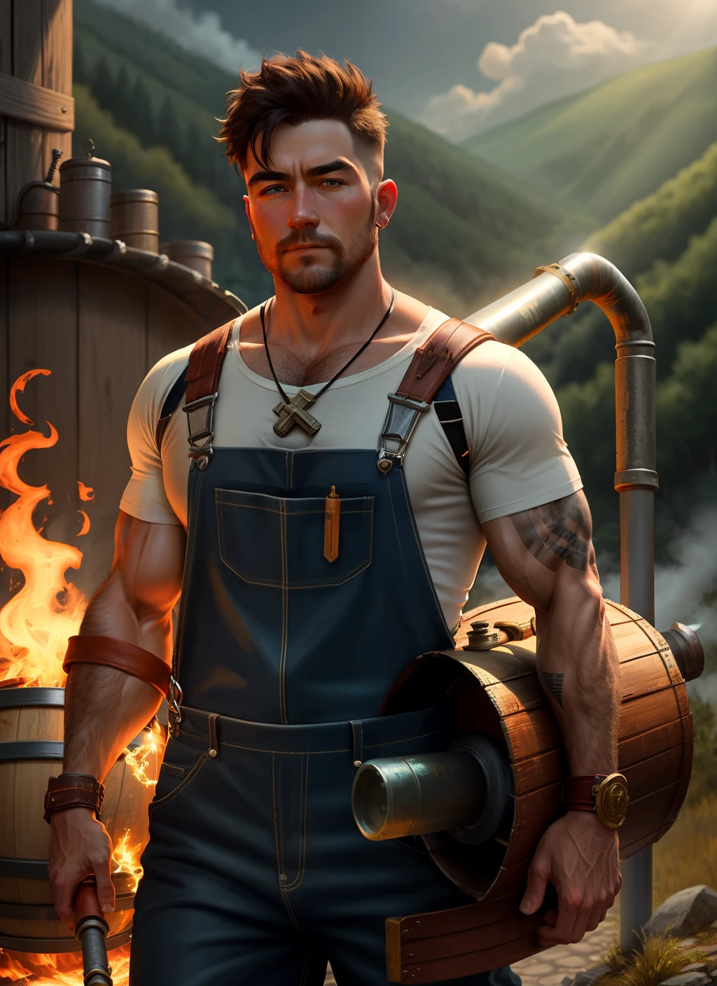 Male Appalachian hill dwarf wesring overalls with a wine skin strapped to his chest, carrying a large metal pipe that radiates a Warhammer of light