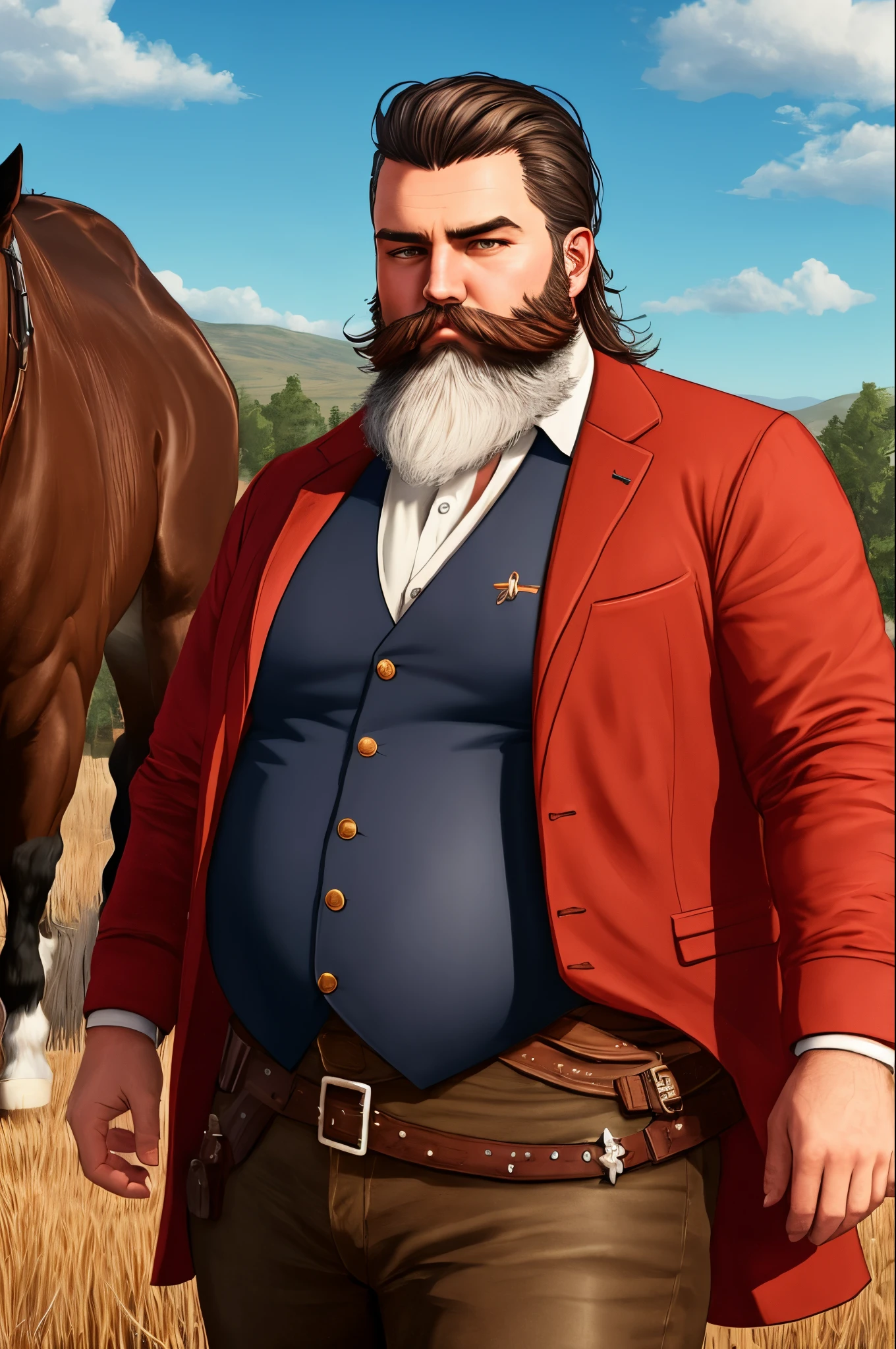 Create an image of a fat character with a beard inspired by the game Red Dead 2, make him with slicked back hair looking like a handsome and chic farmer
