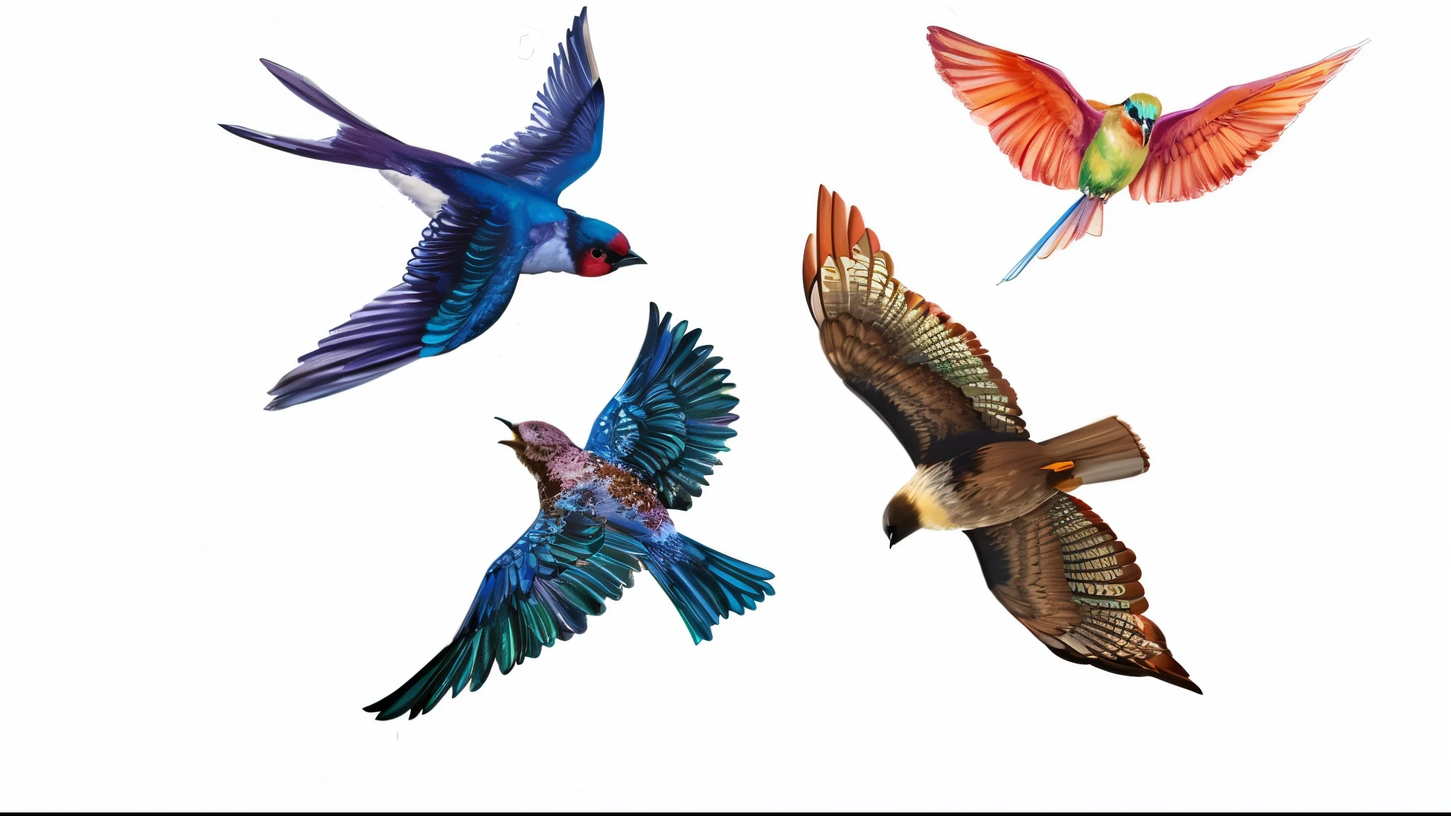 four birds of different colors flying in the air with white background, aves muito detalhadas, , colored birds, Birds flying, birds in flight,