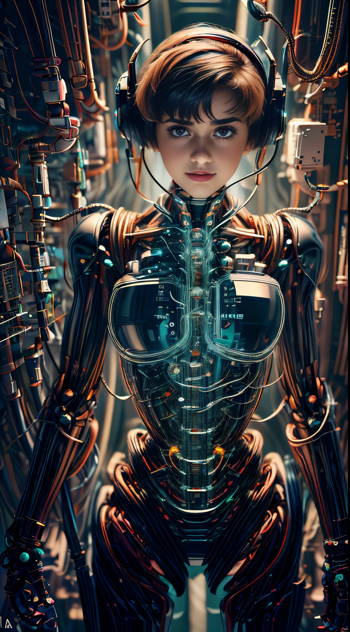 of the highest quality, masterpiece, ultra-high-resolution, ((fotorrealista: 1.4), Foto RAW, 1 Stefania Ferrario, Cyberpunk, pele brilhante, 1 mechanical girl, (detalhes super realistas)), machanical limbs, Pipes connected to mechanical parts, mechanical vertebrae adhered to the spine, mechanical cervical attachment to the neck, wires and cables connecting to head, Evangelion, Fantasma na Concha, Small bright LED lamp, global ilumination, Sombras profundas, octane rendering, 8k, ultrasharp, metal, Intricate details of the decoration, Detalhes do estilo barroco, Detalhado alto intrincado, Luz realista, CG Trend, in front of camera, Neon details, (Android Factory em segundo plano), arte por H.r. Giger e Alphonse Mucha. 、Grande suave、Humanos altamente fotorrealistas、Pupilas perfeitamente redondas、More About Iris&#39; Amazing Student、adolescente branco、The baby&#39;s face slightly、um rosto pequeno、Very human skin feel、ﾘｱﾙAreola、(The area around the navel is completely exposed,、Raw skin is visible)、fenda、uma *****************、Esbian de corpo inteiro、Eight-headed body that looks fully human、rosto humano、com um rosto redondo、(Nem um olho esmagador)、Peitos G-cup em forma de foguete、looking at the camera、