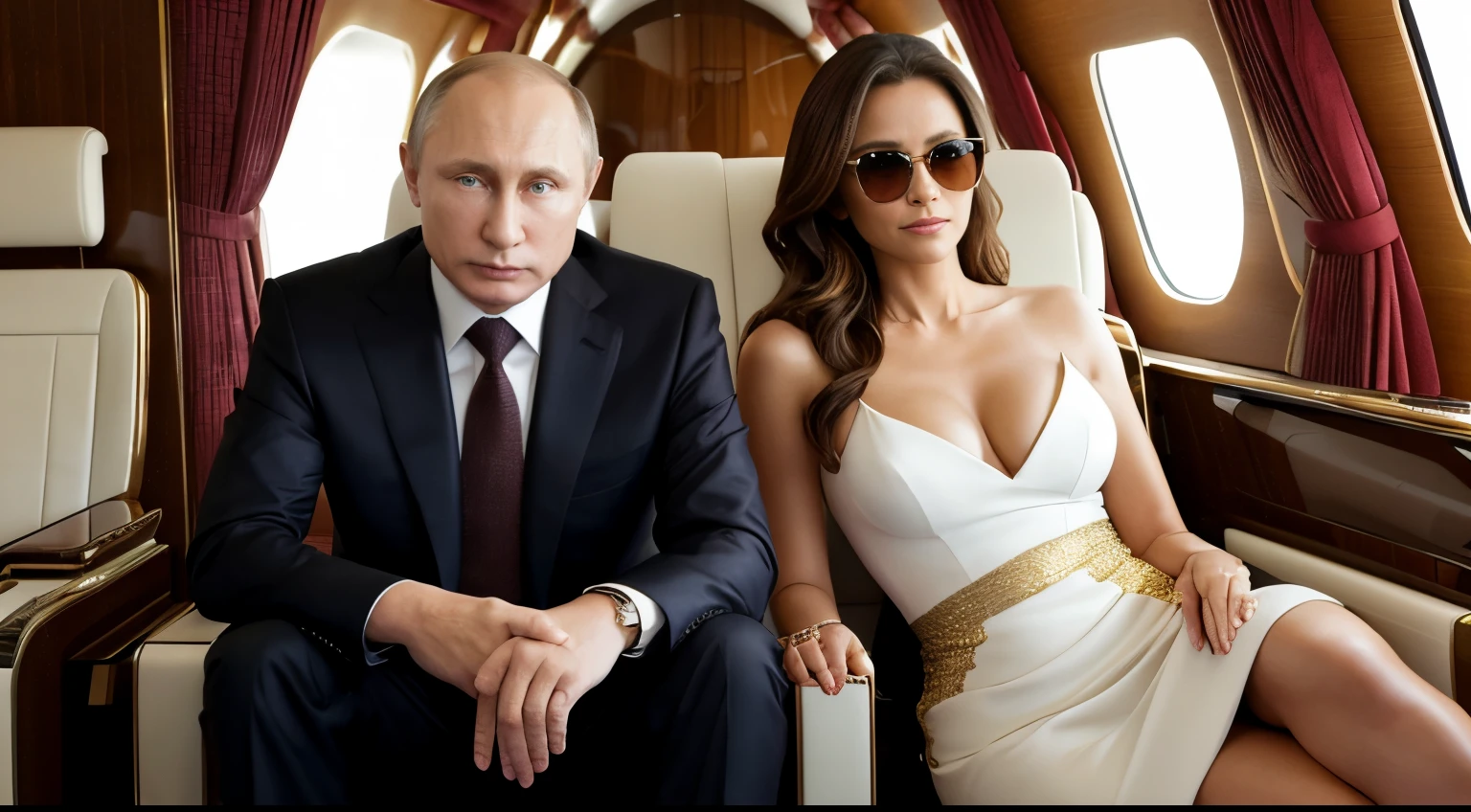 Vladimir Putin, he is resting in a very luxurious private jet with gold details, next to him there are two beautiful women wearing dark glasses