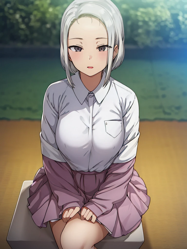 white color hair,cute female child,Sitting on a park bench,Wearing a JK uniform,blue uniform skirt,A shallow smile