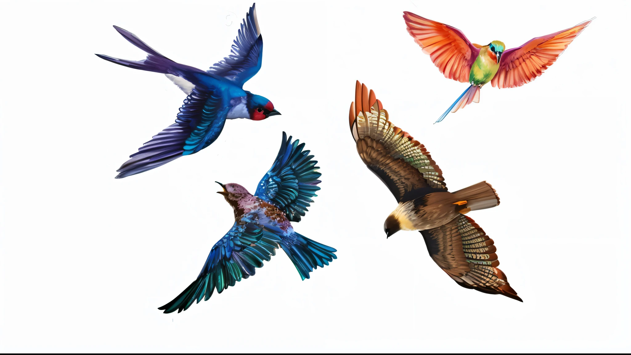 four birds of different colors flying in the air with white background, aves muito detalhadas, , colored birds, Birds flying, birds in flight,