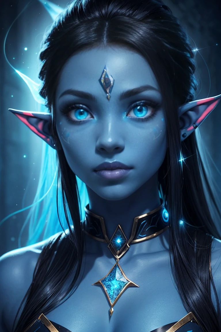 blue humanoid avatar with bioluminescent avatar markings dots and patterns on their skin. Pointed elf ears. avatar like hair, hair colour black, sparkling glowing blue eyes, slightly shimmery iridescent blue skin. female, warrior like, magical and mystical, detailed and realistic. Only blue skin tone. Only blue coloured skin. Skin colour all blue.