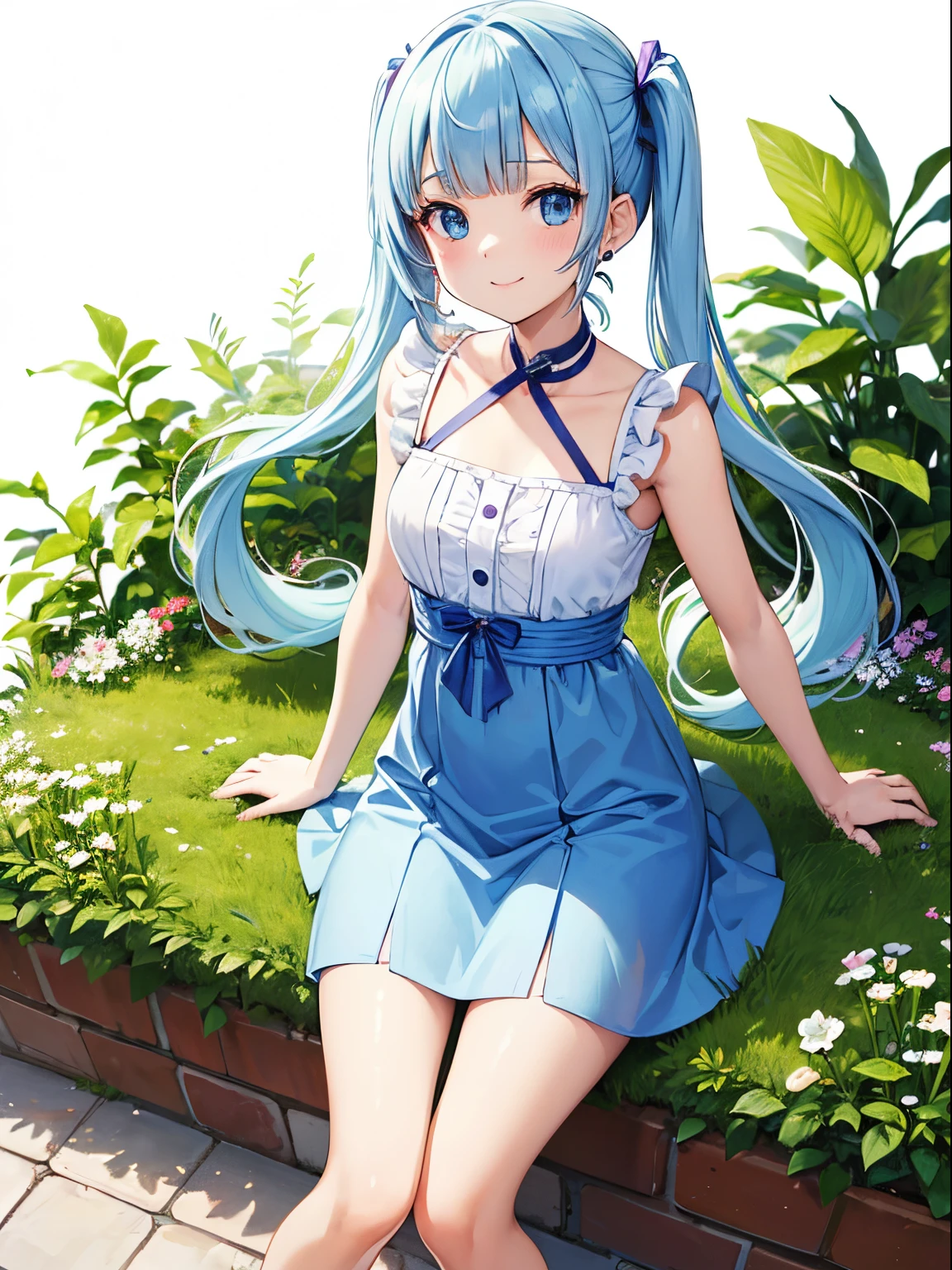 (masutepiece:1.3), (Best Quality:1.3), High resolution, 


Couboy Shot, 
Leaning forward, body facing forward, 

(One Cute Girl:1.3), Solo, 
White skin, tiny chest, eight-headed person, 
Long light blue hair、Hairstyle is Twintails, (Blunt bangs:1.2), Beautiful hair, Blue eyes, Beautiful detailed eyes, 

 heart mark, Cheerful smile, 

Short dress, Blue Check Skirt, Miniskirt, earrings, 

Flower Garden, (White background:1.2), 

Shadow lighting,