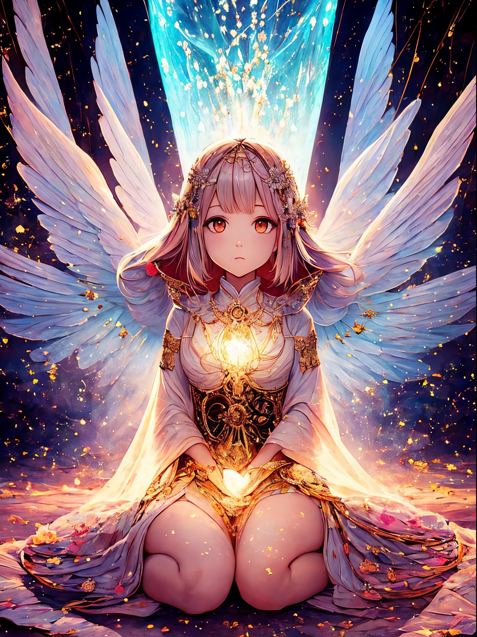 He had a delicate face、image of a weak woman、I sit curled up hugging my legs.。Angel wings grow from behind.、symbolize the idea of liberation。the image is colorful、There is a context of light surrounding it.、emphasizes a sense of delicacy and hope。I can see the wings、Attract attention、represents the search for change and freedom。((top-quality)), ((​masterpiece)), ((realisitic)), portraitures, 1girl in, Heaven, Deities, goddes, Particles of light, The halo, Look at viewers, (bio luminescent: 0.95) , mare, bio luminescent, Vivid, colourfull, Farbe, (with light glowing, cheerfulness), (Beautiful composition), 电影灯光, Convoluted, (Symetrical: 0.5), capricious, Japan Faces, pastel color scheme, (1girll:1.4)