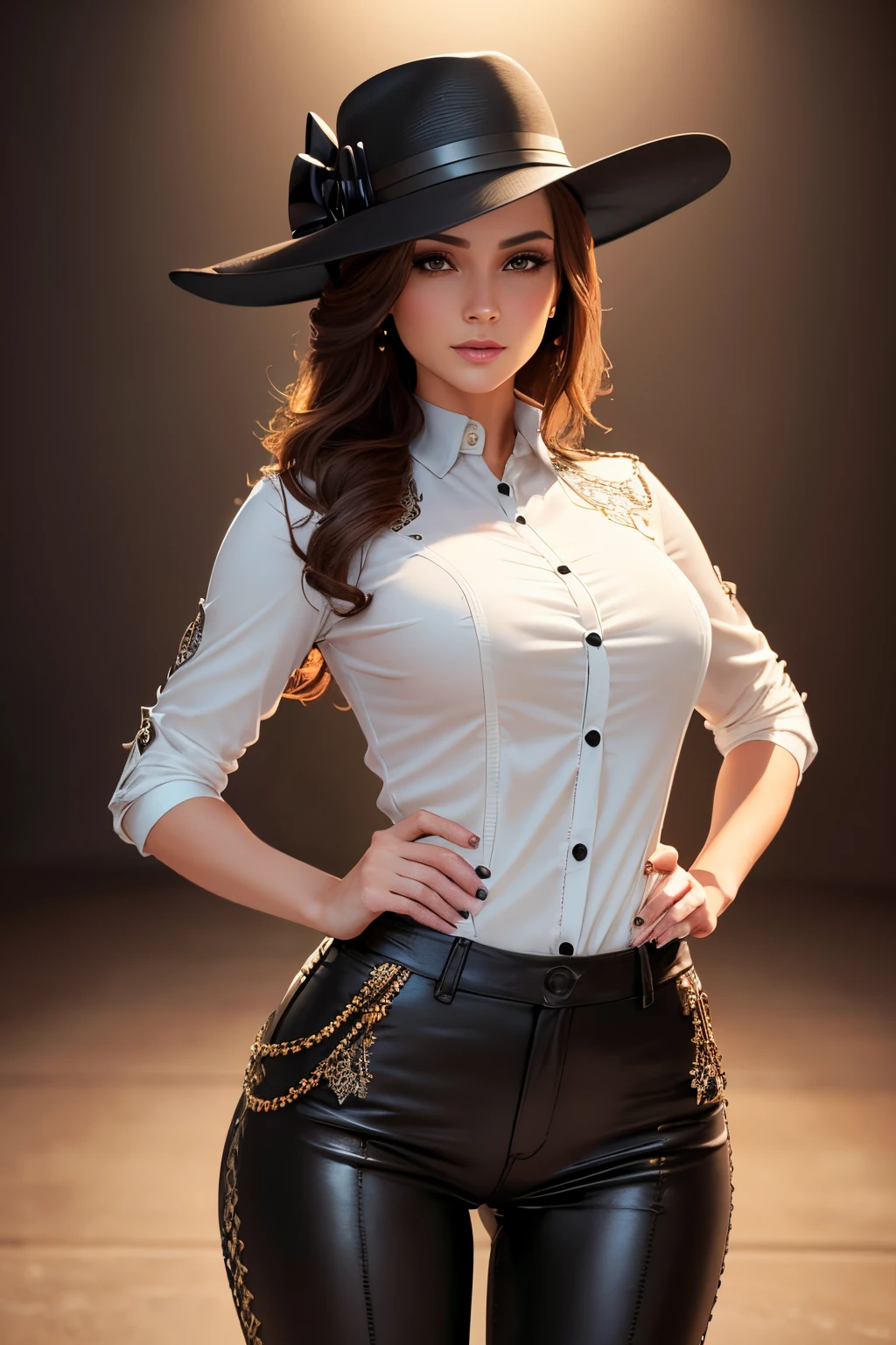 a woman with fancy hat, wearing leather racing pants and buttoned up blouse, cute pose, detailed face, detailed body, detailed outfit (reality: 1.4), (A hyper-realistic), (high resolution), (8K), (highly detailed), ( Best Illustration), (detailed eyes), (ultra-detailliert), Bright lighting, Professional Lighting.
