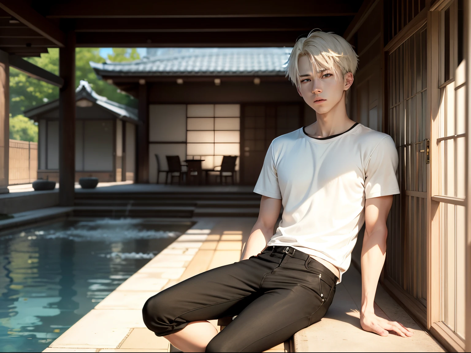 realistic, 8k image of a 23 years old japanese white mixed boy, short size straight blonde hair, albino, non muscular body, confused, dressed in a casual white shirt and black pants sitting behind pool house, noon lighting , anime style art