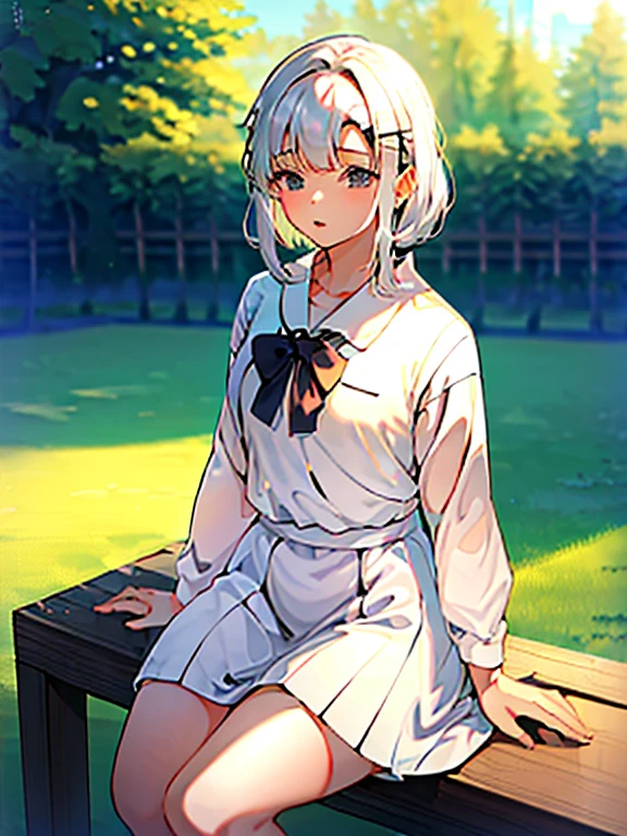JK Girl,white color hair,sitting on a bench,Set in the park,Pure and cute,Petite figure,,Black JK school uniform,jk white uniform skirt,